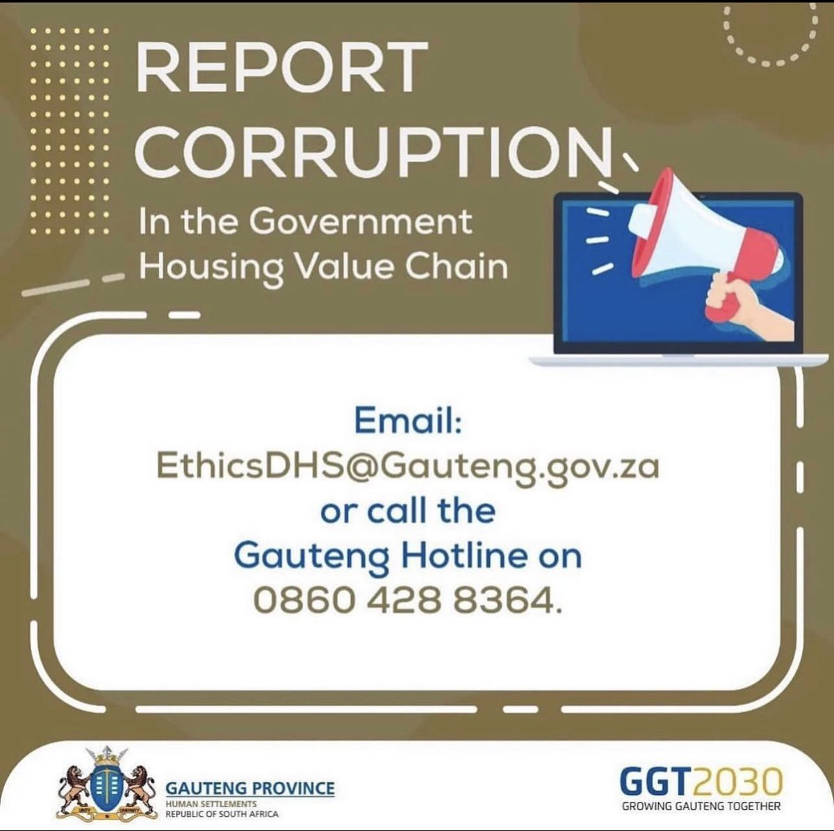 The Department condemns any form of corruption in the government housing value chain. We urge members of the community to report any official or unscrupulous member of the people asking them for money in return for an RDP house or land #ReportCorruption #GrowingGautengTogether