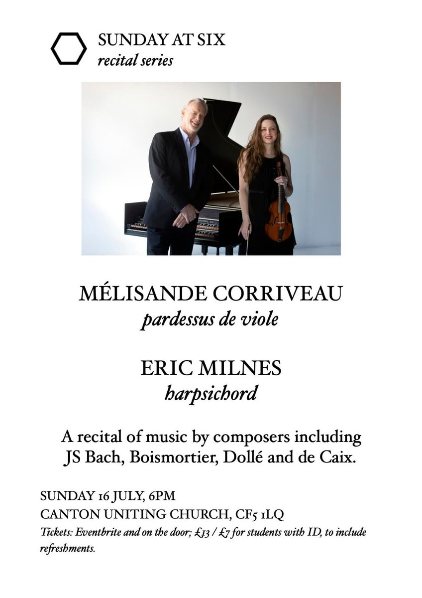 CantonUniting's tweet photo. Sunday at Six with Mélisande Corriveau and Eric Milnes, performing sonatas by JS Bach, Boismortier, Dollé and de Caix. There will be a talk given by Dr Lucy Robinson about the pardessus de viole and its music. Tickets include refreshments and a programme:
https://t.co/x7s7BXrIQV https://t.co/ftozwMdK0L