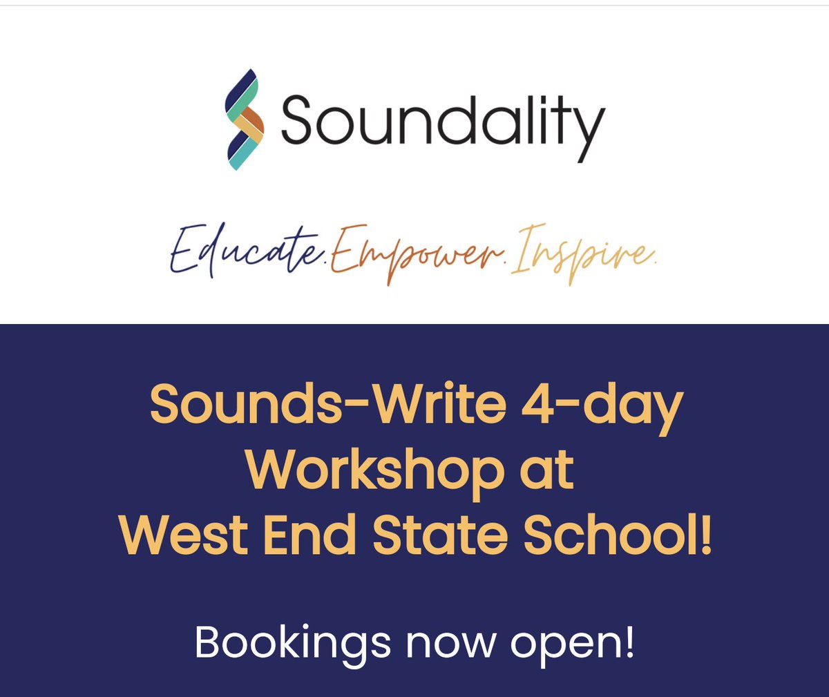 🔊 CALLING BRISBANE EDUCATORS!

I'm training staff on-site at West End State School in Sounds-Write &amp; there are some available places!

1st, 2nd, 8th &amp; 9th August

Details &amp; bookings: soundality.com.au

<a href="/SWLiteracy/">John Walker, Sounds-Write</a>