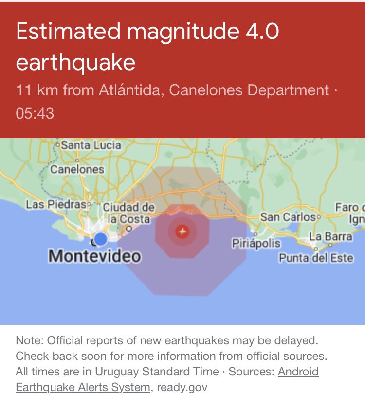 eamestoy's tweet photo. Con epicentro a 11 kilómetros de la costa de Atlántida y una intensidad de 4,0 en la escala de Richter, a las 5.43hs un terremoto despertó a población de Canelones y también de Montevideo. Fue notificado por la herramienta de alertas de Google lanzada hace una semana. (1/2) https://t.co/vfnUylnerx
