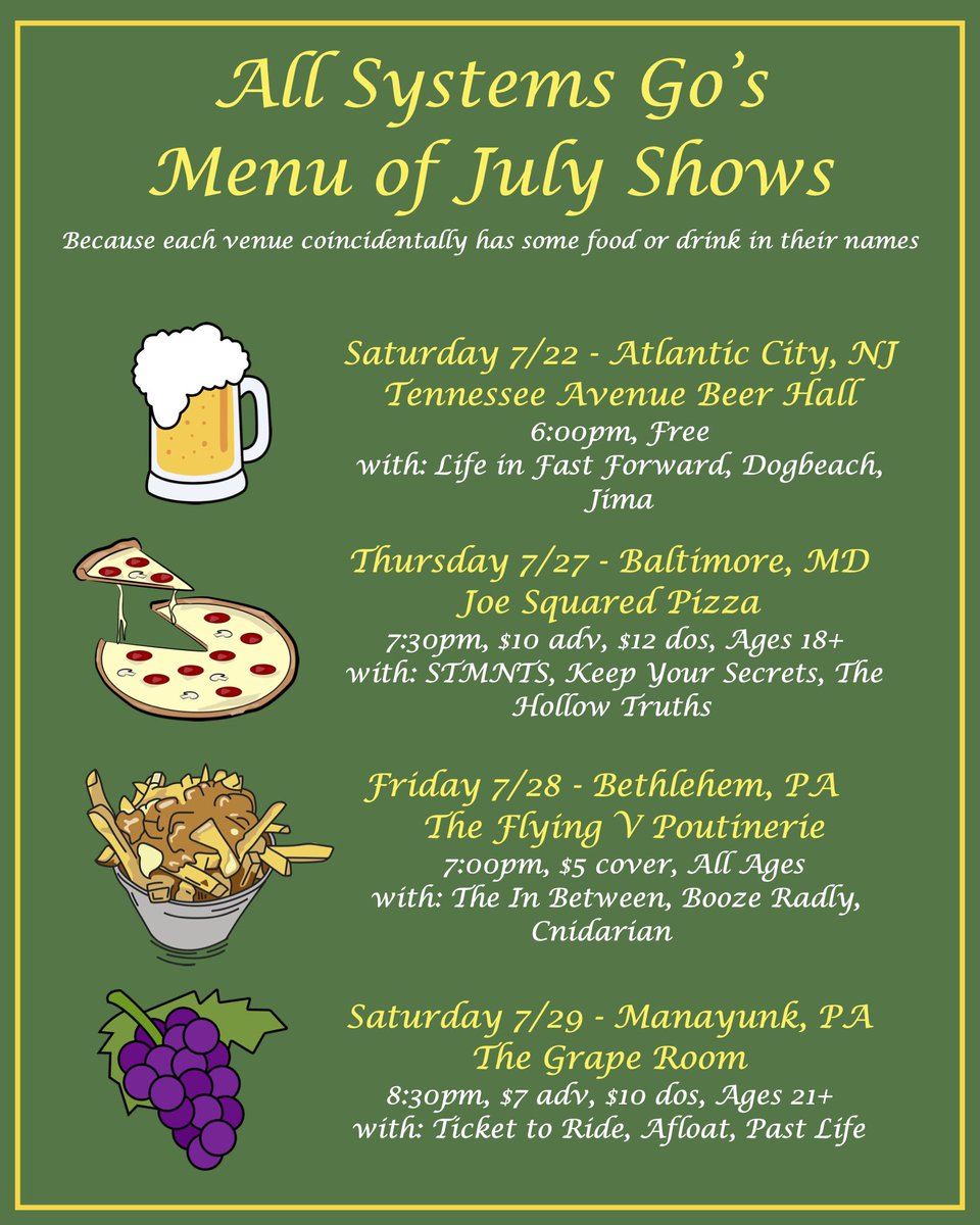 10 days away from serving up this month’s gigs! AC, Baltimore, Bethlehem, and Manayunk we’ll see you real soon! 🍺🍕🍟🍇
📸: @DHO_ldmybeer