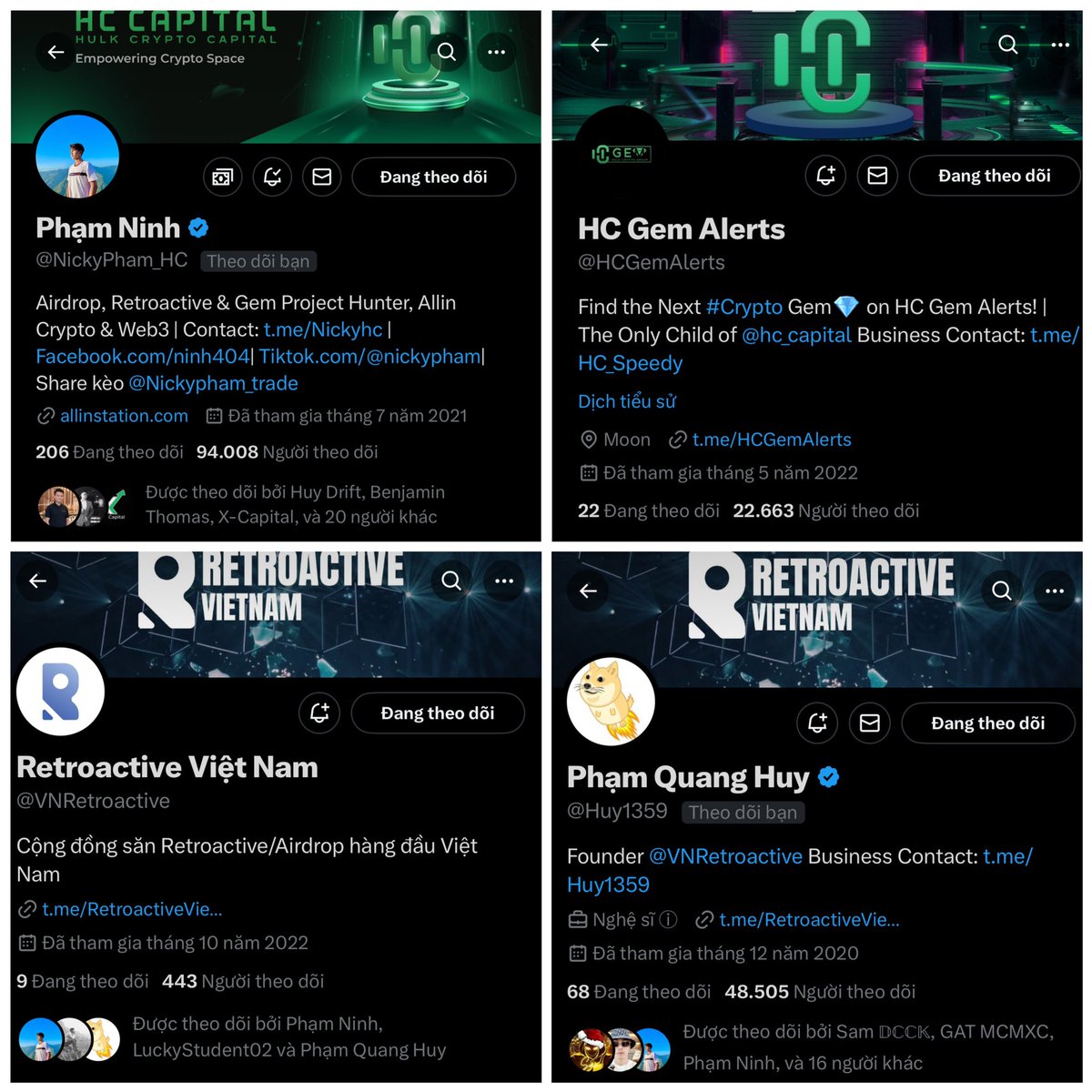 AIRDROP 100$ TIỀN TƯƠI CHO ANH EM THAM GIA
 
Điều kiện là đã follow 4 acc twitter sau: 

@Nickypham_HC
 
<a href="/Huy1359/">Phạm Quang Huy</a>
 
<a href="/HCGemAlerts/">HC Gem Alerts</a>

<a href="/VNRetroactive/">Retroactive Việt Nam</a>

Anh em thực hiện Tym, Retweet và comment tag 3 người bạn bất kì.

Phần thưởng sẽ dành cho 10 anh em may mắn, mình sẽ dùng