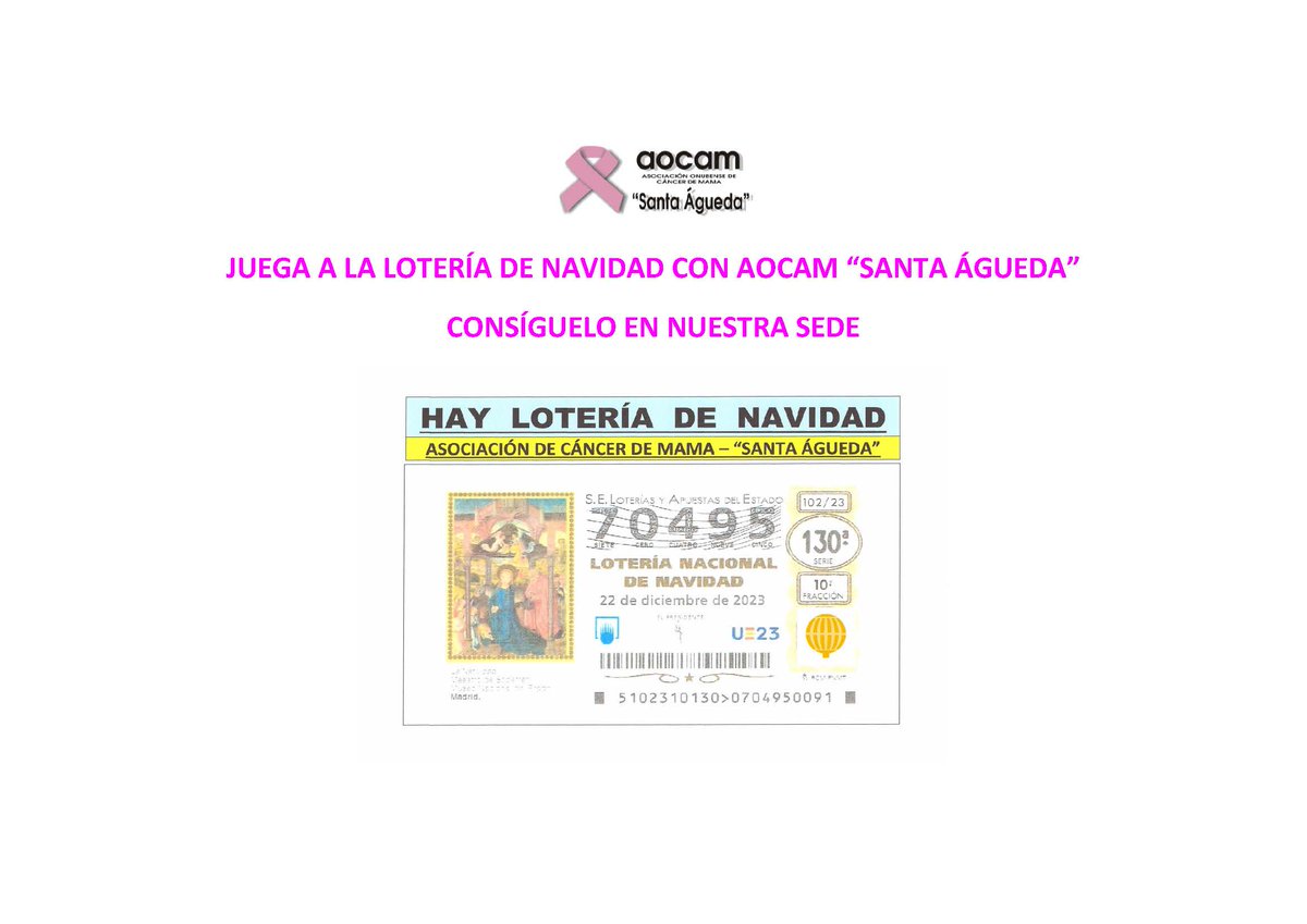 Como cada año, por estas fechas, vuelve la Lotería de Navidad.

Colabora con nosotras y adquiere tus décimos en nuestra sede. Estamos en la calle Antonio Machado nº2-A local, en Huelva.

¿Y si cae aquí? 🤩

#LoteríaDeNavidad #YSiCaeAquí #Aocam #CáncerDeMama #Huelva