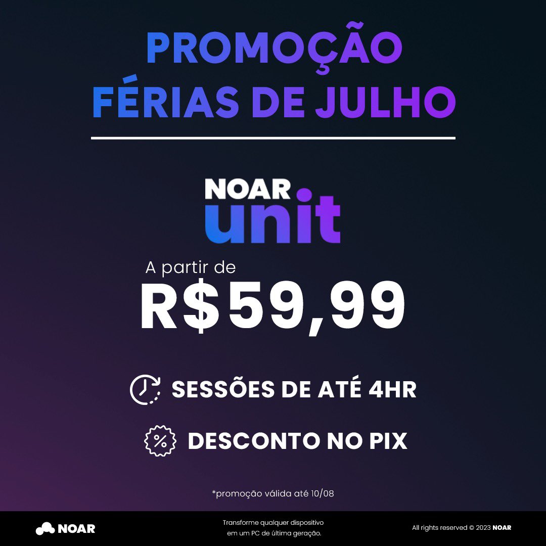 noarcloud's tweet photo. As férias chegaram e tem promoção da Noar no ar! 😎
Corre e ja garante o seu Unit!!
#Noarcloud #Cloudpc #Cloudtechnology #Cloudgaming #NoarUnit https://t.co/K4RPrH7ggN