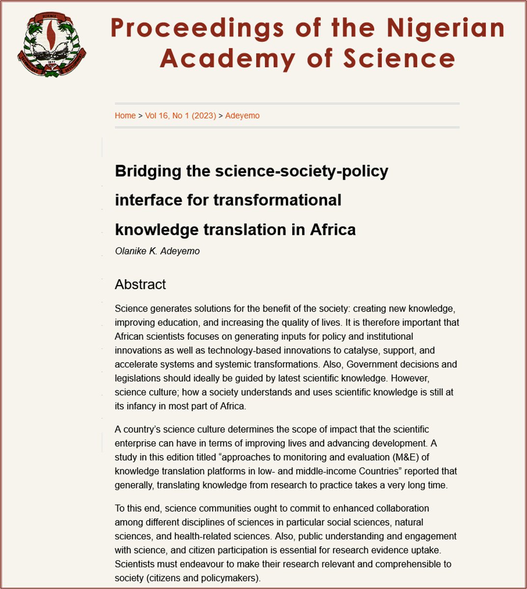 EIUI_Dal's tweet image. The uptake of science &amp;amp; other forms of knowledge into policy faces barriers in every setting. In a @NASJournal_77 editorial, @OlanikeAdeyemo1 describes challenges unique in #SciencePolicyInterfaces in #Africa &amp;amp; approaches to improve use of #ScienceAdvice doi.org/10.57046/ULOF3…