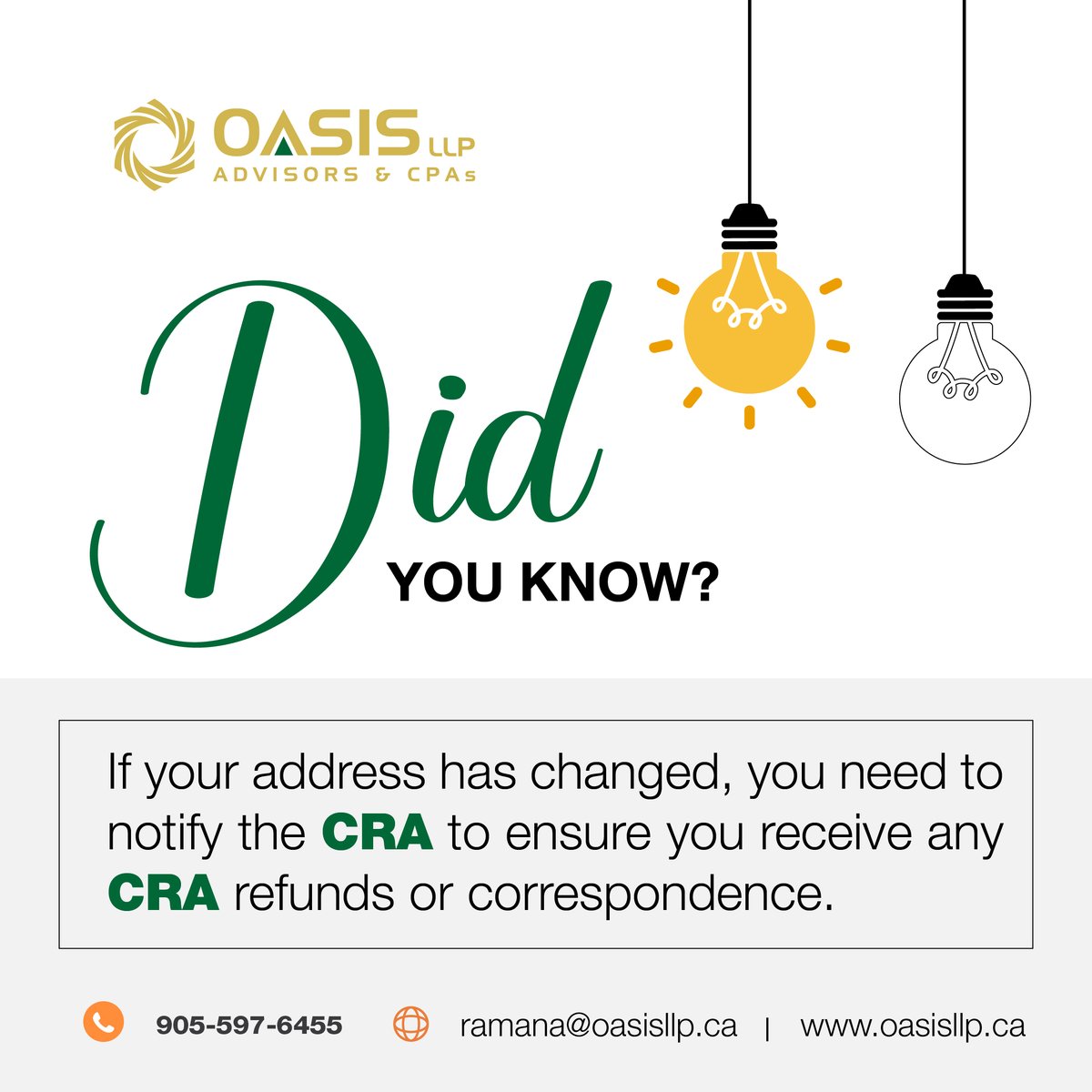 OasisLLP's tweet photo. Did you know?
If your address has changed, you need to notify the CRA to ensure you receive any CRA refunds or correspondence.

#CRA #refund #BusinessTaxes #FinancialSuccess #OrganizedBusiness #TaxPreparation #FinancialDecisions #BusinessOwners #taxprofessionals https://t.co/hUao42EWt7
