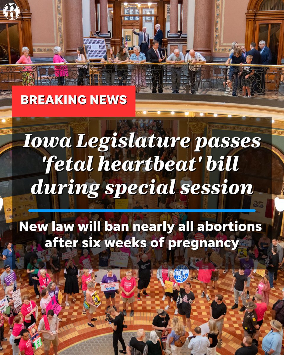 The Iowa Legislature has passed a bill that would ban nearly all abortions after roughly six weeks of pregnancy, with Gov. Kim Reynolds announcing she will sign the measure Friday. The ban will go into effect immediately with her signature. Details: bit.ly/3JYC251