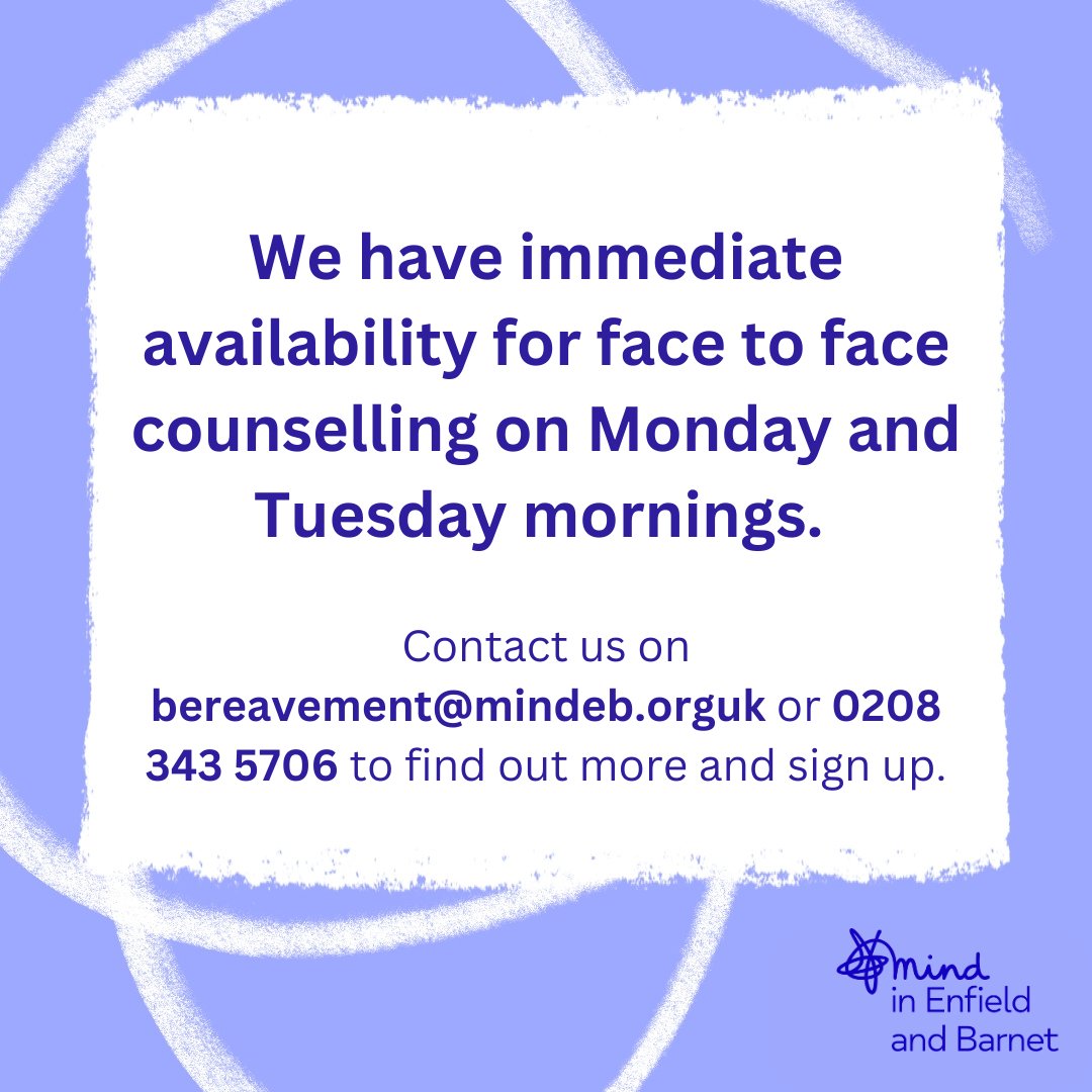 Mind in Enfield & Barnet (@mind_eb) on Twitter photo Our service providing post-pandemic social and emotional support has availability for face to face counselling during the day on Monday and Tuesdays.
This service offers 12 free counselling sessions if you're suffering from psychological/emotional issues due to the pandemic. Our service providing post-pandemic social and emotional support has availability for face to face counselling during the day on Monday and Tuesdays.
This service offers 12 free counselling sessions if you're suffering from psychological/emotional issues due to the pandemic.