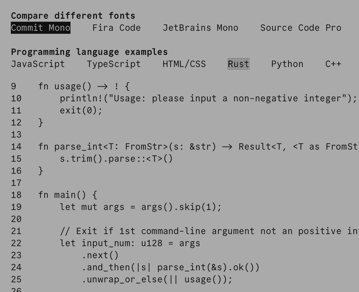 glaforge's tweet image. Commit Mono
commitmono.com

Yet another #monospace #font  😅 

It looks quite a bit like Fira Code. What do you think about it?