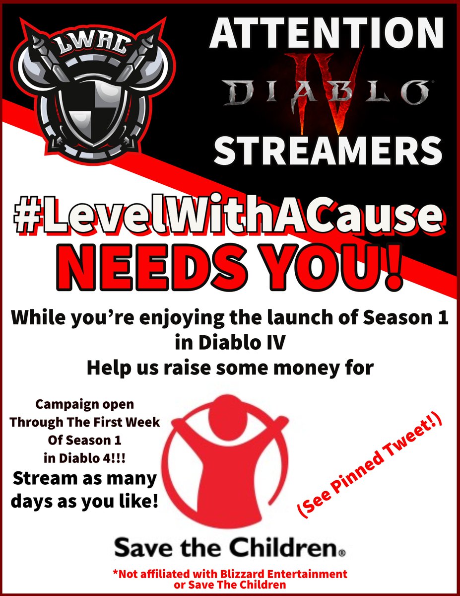 WolfcryerYT's tweet photo. A friendly reminder!  #LevelWithACause welcomes all streamers big and small to help us do some good! #DiabloIV I'm always available to help with getting you set up! https://t.co/EvBaFnUZjl