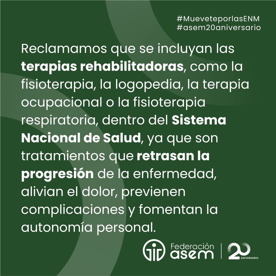 📢 Reclamamos que se incluyan las terapias rehabilitadoras, como la #fisioterapia, la #logopedia, la terapia ocupacional o la fisioterapia respiratoria, dentro del SNS, ya que son tratamientos que retrasan la progresión de las enfermedades #neuromusculares.
#asem20aniversario