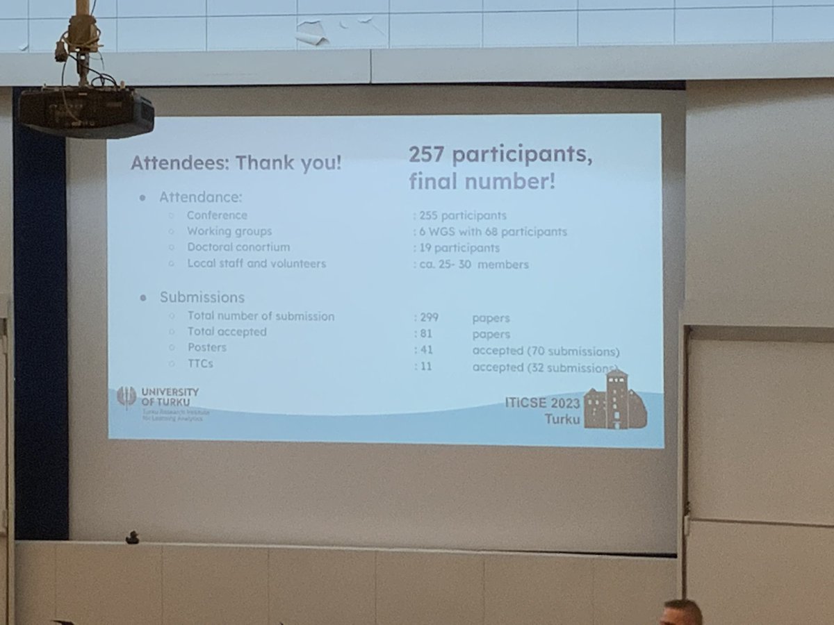 Final session of #ITiCSE2023. Great keynote, with 257 attendees.