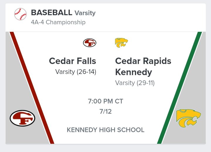 Bound Iowa (@bound_ia_) on Twitter photo π 4A-4 Championshipπ
βΎ Cedar Falls Tigers π Cedar Rapids Kennedy Cougars
π
Wednesday, July 12, 2023 - 7:00 PM CT
π Kennedy High School
πΊ lucky.lvstreamhd.com/baseball
<a href="/cfbaseball20/">Cedar Falls High School Baseball</a> <a href="/CFHSGoTigers/">CFHS Athletics and Activities</a> <a href="/CF_HighSchool/">Cedar Falls HS</a> <a href="/CF_schools/">Cedar Falls Schools</a> <a href="/CF_Booster/">Cedar Falls Tiger Booster Club</a> <a href="/CRPrairieHS/">CR Prairie HS</a> π 4A-4 Championshipπ
βΎ Cedar Falls Tigers π Cedar Rapids Kennedy Cougars
π
Wednesday, July 12, 2023 - 7:00 PM CT
π Kennedy High School
πΊ lucky.lvstreamhd.com/baseball
<a href="/cfbaseball20/">Cedar Falls High School Baseball</a> <a href="/CFHSGoTigers/">CFHS Athletics and Activities</a> <a href="/CF_HighSchool/">Cedar Falls HS</a> <a href="/CF_schools/">Cedar Falls Schools</a> <a href="/CF_Booster/">Cedar Falls Tiger Booster Club</a> <a href="/CRPrairieHS/">CR Prairie HS</a>