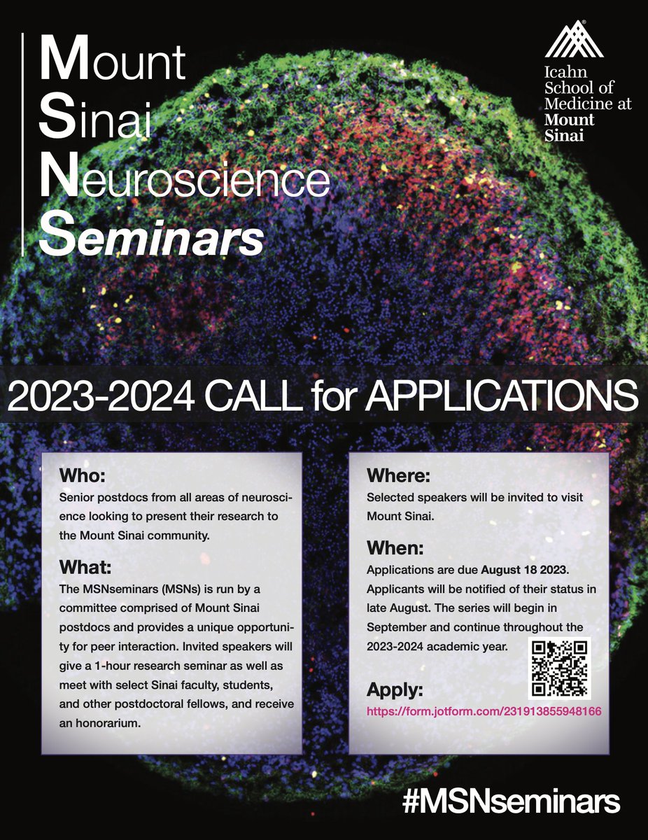 #MSNseminars APPLICATIONS now open! Senior postdocs in all fields of #neuroscience, especially from URM backgrounds, are encouraged to apply for an INCREDIBLE OPPORTUNITY to share your research, visit Mount Sinai &amp; meet w/ faculty/trainees! APPLY NOW👉jotform.com/build/23191385…