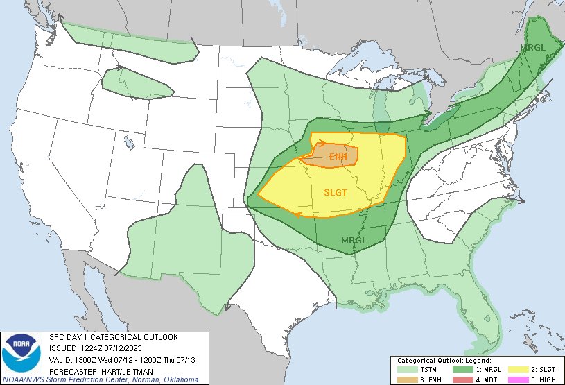 7:26am CDT #SPC Day1 Outlook Enhanced Risk: this morning and early afternoon over parts of southern Iowa, northern Missouri, and west-central Illinois. spc.noaa.gov/products/outlo…