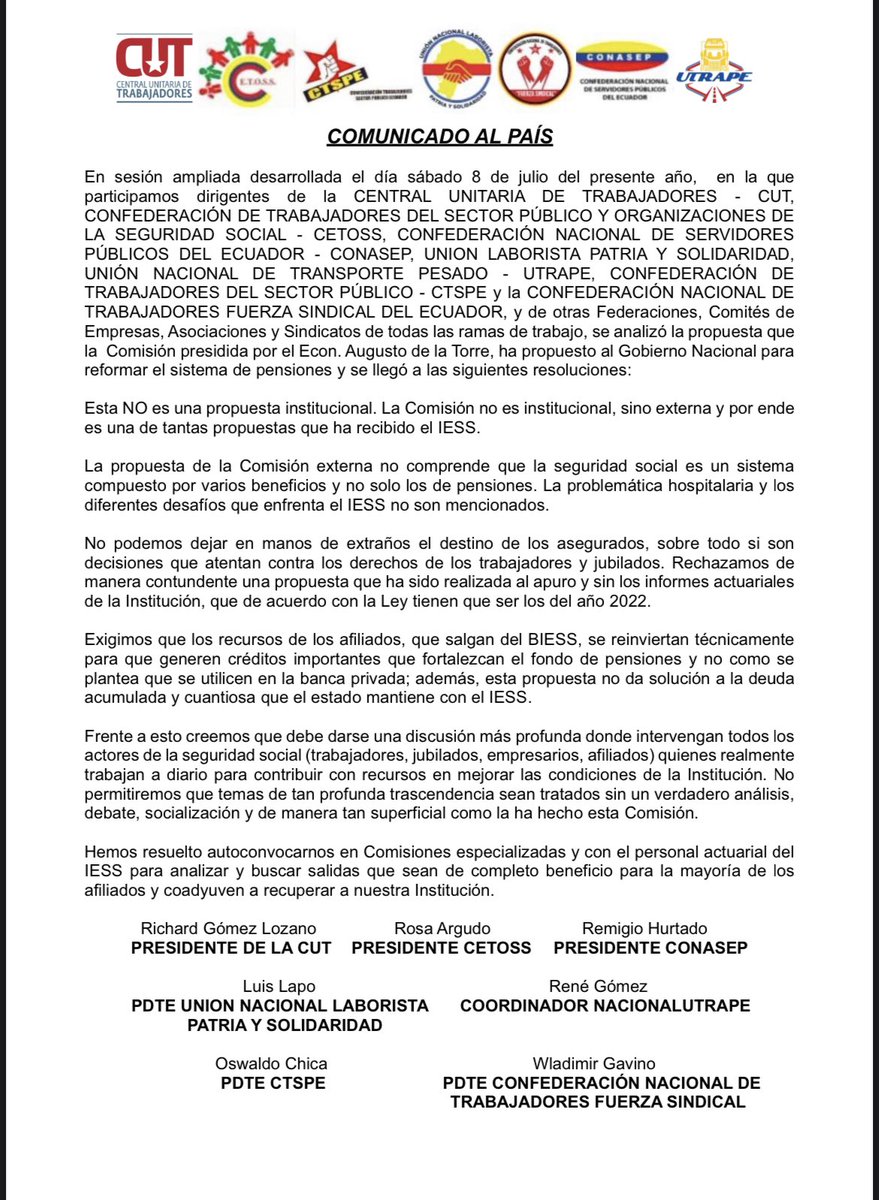 Comunicado al país sobre el trabajo de la comisión no institucional del IESS