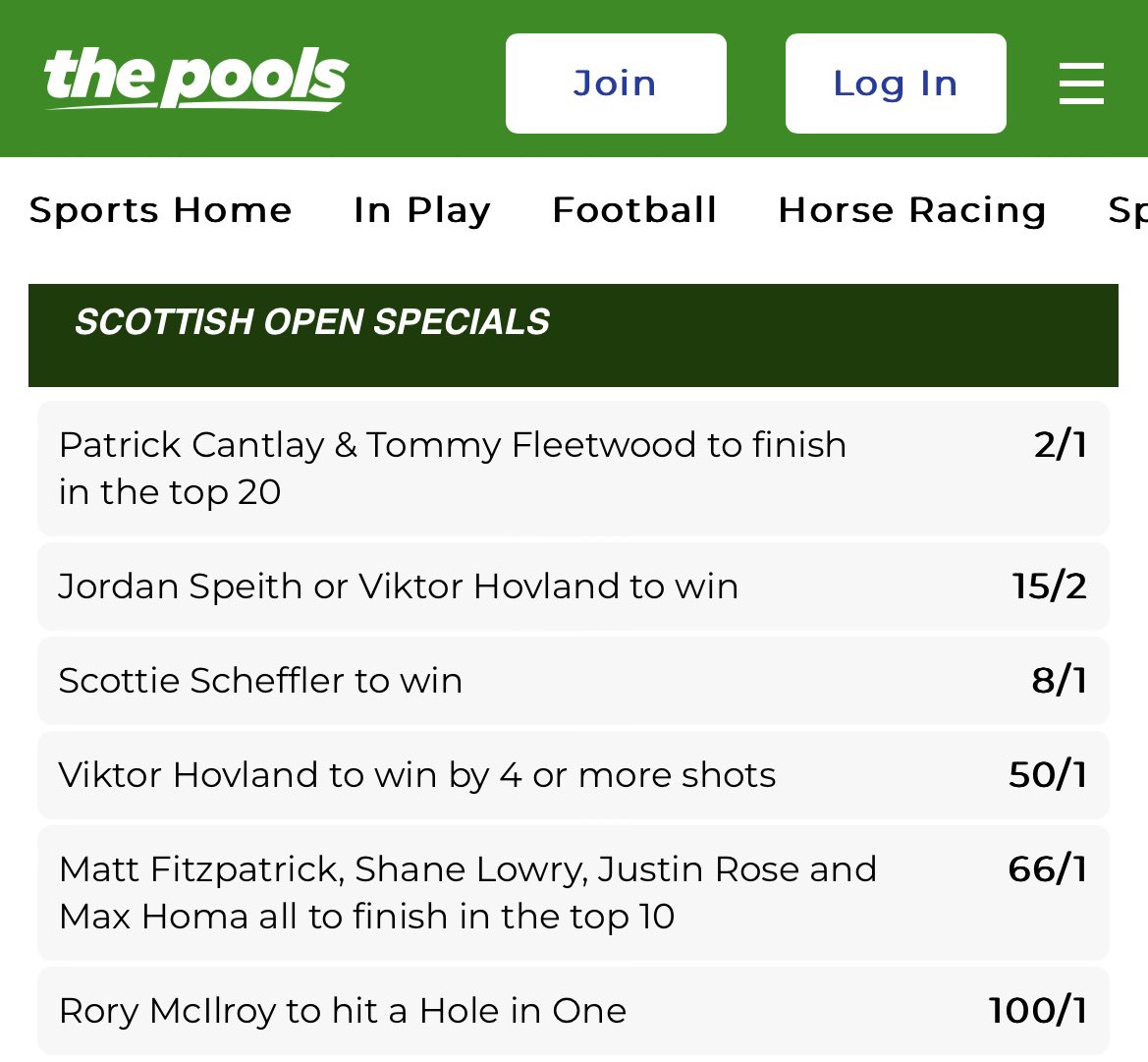 The Scottish Open ⛳️ Scottie Scheffler is boosted 8/1 to win the Open this weekend. Check out our other specials below👇 play.thepools.com/sportsbook/SPE… #AD 18+. BeGambleAware. UK only. T’s&C’s apply. #pools