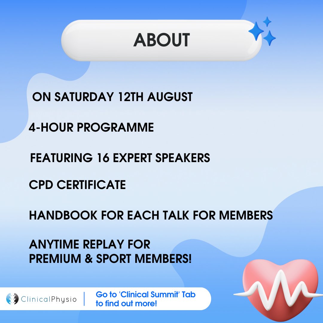 clinicalphysio's tweet photo. It’s OFFICIAL, the Clinical Summit from Clinical Physio is BACK!!!

⭐️ Saturday 12th Aug
⭐️ Full Physio Conference Event
⭐️ Totally FREEEEEEE to Attend!
⭐️ New Bonus Features (see below)

To Register ➡️ https://t.co/KHoK5zarlu

💥 FREE CPD - PLEASE RETWEET! 💥 https://t.co/YcXSgNDNQP