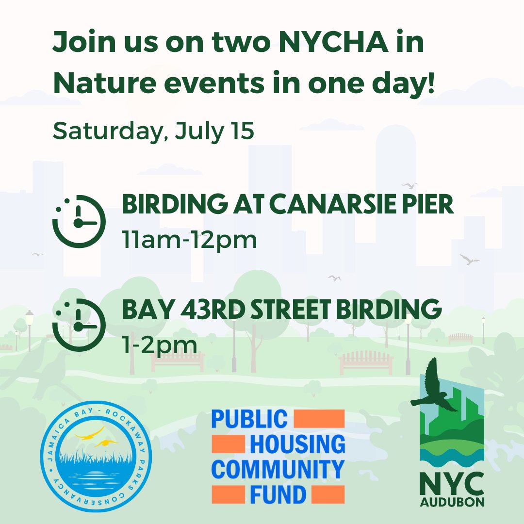 Join us, @communityfundny, & @jbrpc for 2 special #NYCHAinNature outings as part of the #JamaicaBayFestival on #CityofWaterDay! The 11am tour explores birds of Bay View house & Canarsie Pier. The 1pm tour checks out Bayswater Park, both on foot and kayak! nycaudubon.org/events-birding…
