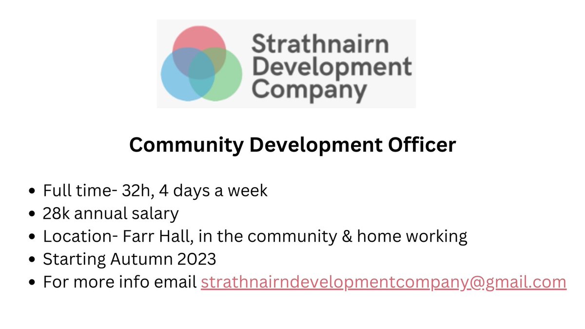 Impact Hub Inverness (@impacthubinv) on Twitter photo Strathnairn Development Company are hiring a Community Development Officer!
For more information email strathnairndevelopmentcompany@gmail.com Strathnairn Development Company are hiring a Community Development Officer!
For more information email strathnairndevelopmentcompany@gmail.com