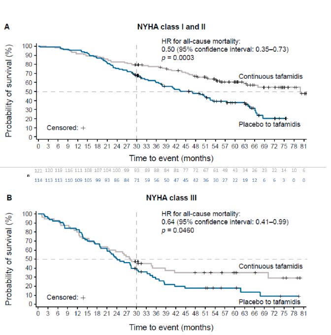 ⚠️Improved long-term survival with tafamidis treatment in patients with transthyretin amyloid cardiomyopathy and severe HF symptoms

👉⤵️all-cause ☠️ with continuous tafamidis treatment vs delayed tafamidis treatment (placebo then tafamidis) in patients with NYHA
class III…