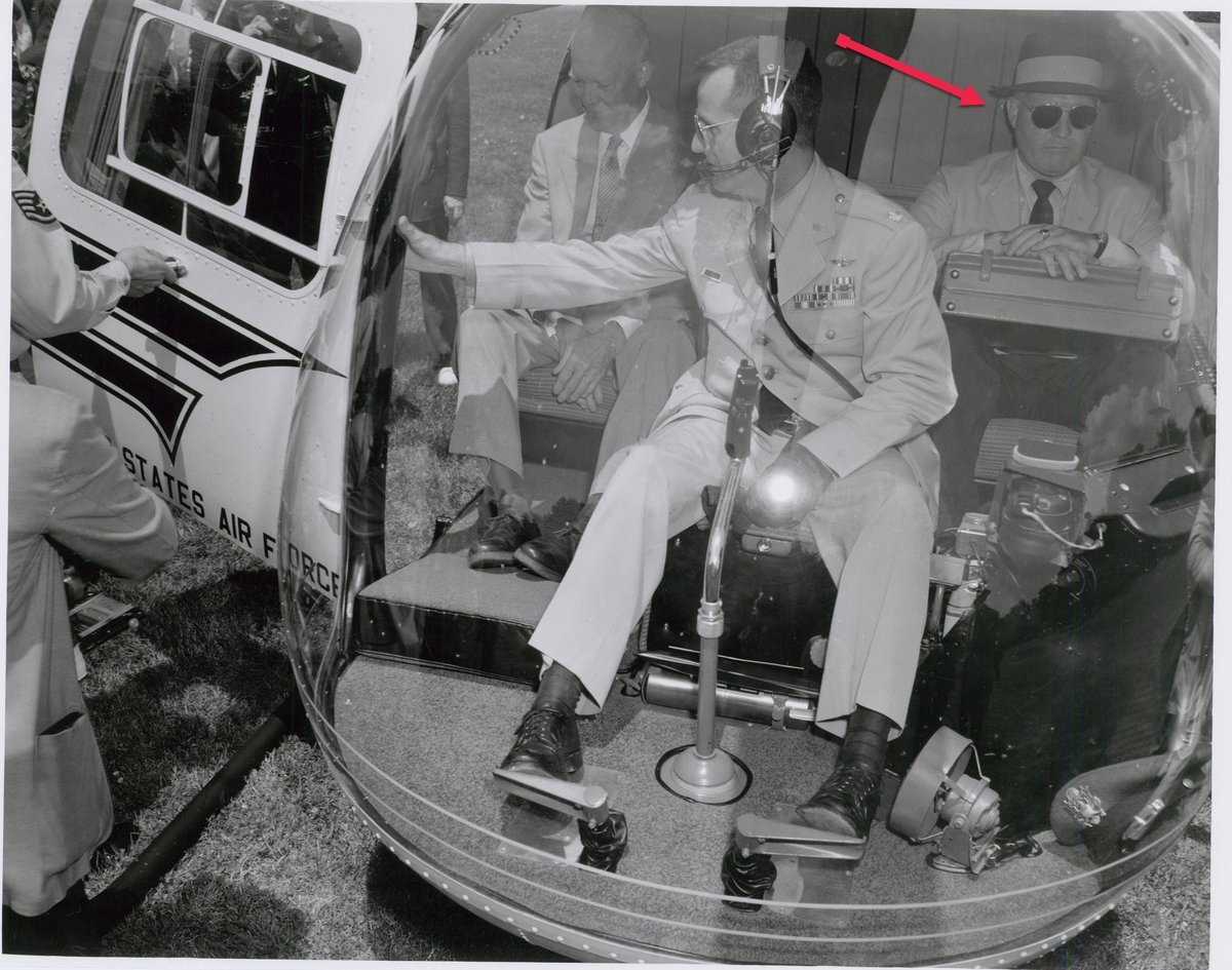 CONELRAD6401240's tweet photo. Hey @JeffreyAFrank, @WillHitchUVA, @newton_jim, @DavidPriess, #EvanThomas, any idea who the man in the shades is from Ike's first helicopter ride #OTD in '57? Eisenhower Library does not know. I checked w/personal physician's family and they say it is not him. Stumped. https://t.co/txHmzoDaJ3