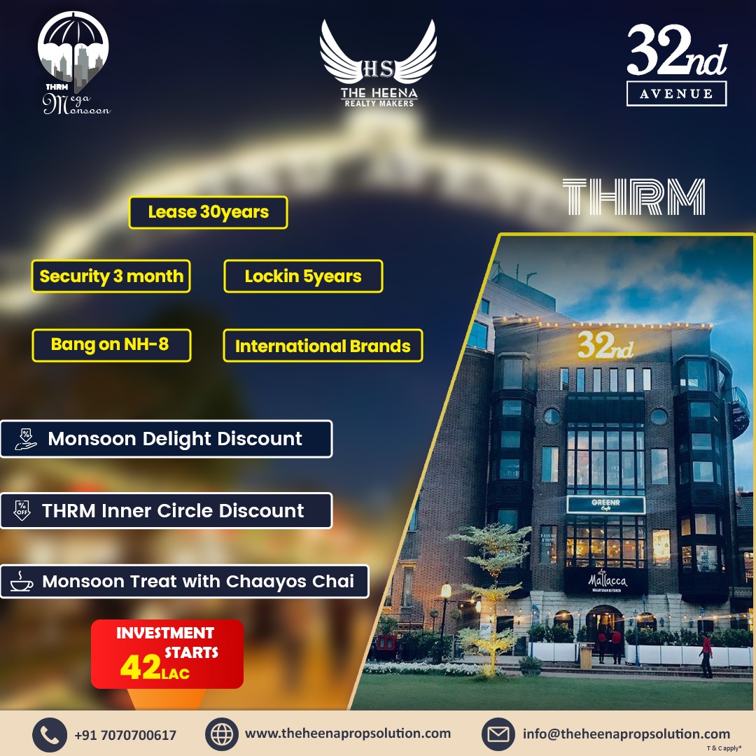 Introducing #32ndAvenue by #THEHEENAREALTYMAKERS in #Gurgaon's Sector 15. Lease for 30 years, prime location on NH8. Monsoon Delight Discounts and exclusive THRM Inner Circle discounts. Contact📞 +917070700617 for details.  #TheHeenaRealtyMakers #THRM #RealEstate #Investment