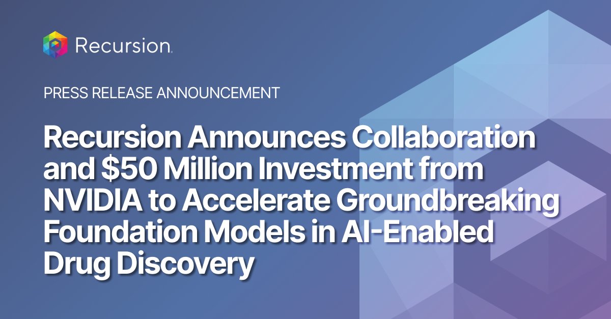 Today we announced a collaboration and $50 million investment from @nvidia to accelerate our groundbreaking foundation models in AI-enabled drug discovery. Read the press release: ir.recursion.com/news-releases/… Read the blog from our CTO @bmabey: recursion.com/news/recursion…