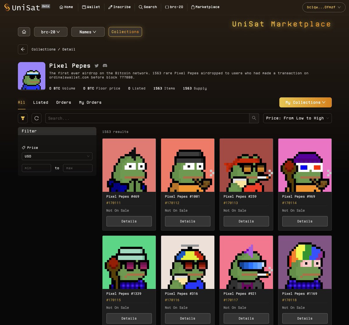 UniSat Marketplace for NFT Collections is now live! It supports up to 1500+  existing collections with a service fee at ONLY 0.8%. From now on the  service fee for brc-20 and Names