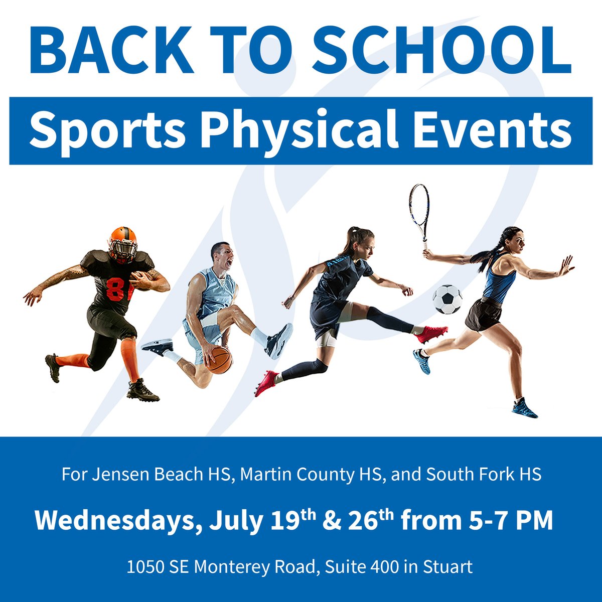 SouthFlaOrtho's tweet photo. We will be offering Sports Physicals for students of Jensen Beach HS, Martin County HS, and South Fork HS on Wednesdays, July 19th &amp; 26th from 5 to 7 PM at 1050 SE Monterey Road, Suite 400 in Stuart. Cost is $20 via cash or check donated to your school's athletic department. https://t.co/6vHLSqH53q