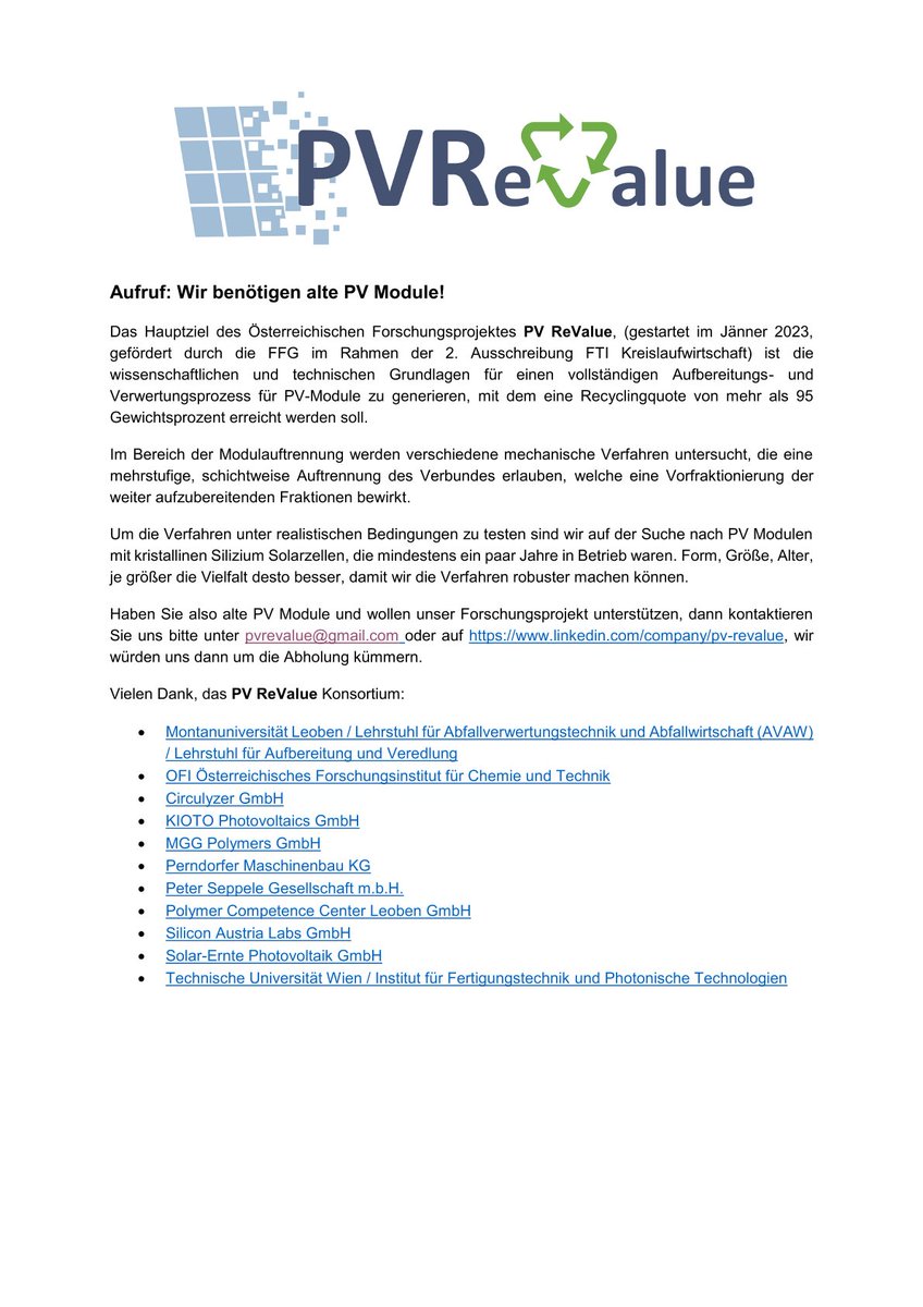 Für das österr. Forschungsprojektes #PVReValue werden alte PV-Module benötigt  mit kristallinen Silizium  Solarzellen, die mindestens ein paar Jahre in Betrieb waren! Haben Sie alte  PV-Module &amp; wollen das Forschungsprojekt unterstützen? Kontaktaufnahme unter: pvrevalue@gmail.com