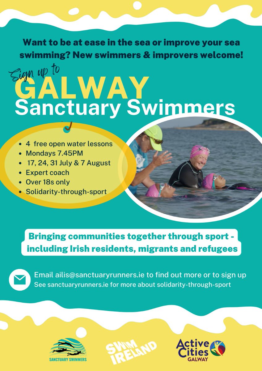 Galway Sanctuary Swimmers kicks off next Monday! Just a few spaces remaining. Please email ailis@sanctuaryrunners.ie to find out more or to sign up