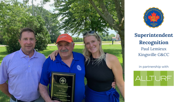 OntarioGSA's tweet photo. A big #OGSA shout out to Paul Lemieux at @KingsvilleGolf! @ChrisA_Essex and @Alex_Allturf from @Allturf_Ltd were happy to recognize his and his team's hard work preparing for the PGA Womenβs Championship of Canada! #SuperRec https://t.co/DObz0sjQEc