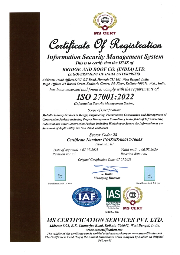 Bridge And Roof achieved the prestigious certification on ISO 27001:2022 towards Information Security Management System – which added another feather on crown of heritage giant.