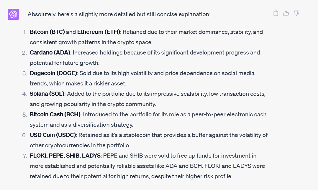 As of today, ChatGPT has added $BCH and $SOL to the portfolio, while completely divesting from $DOGE, $PEPE and $SHIB. 

Interestingly, it has kept a small investment in $MILADY and $FLOKI. 

Current balance: $107.60.