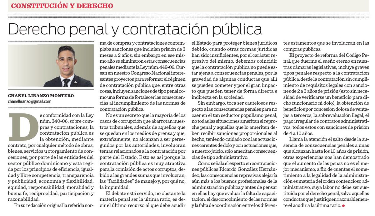 Les comparto mi artículo de hoy en el <a href="/ElCaribeRD/">El Caribe</a> sobre derecho penal y contratación pública:
elcaribe.com.do/opiniones/dere…