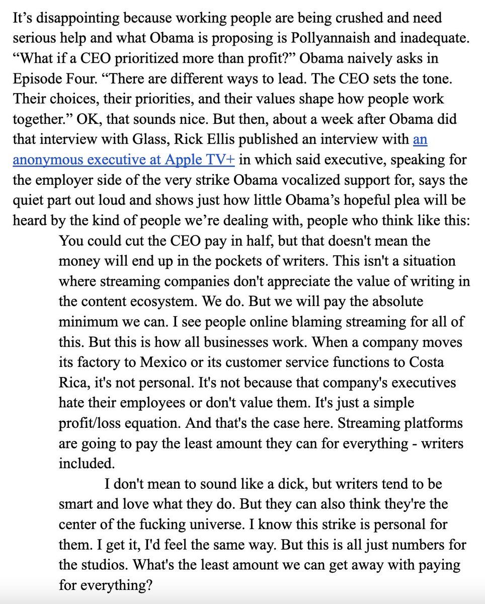 maximillian_alv's tweet image. Apropos of these craven Hollywood studio execs revealing that they are bargaining in bad faith &amp;amp; they want to starve workers out &amp;amp; destroy the union, here's one more chunk excerpt from the draft of my Obama/"Working" piece...