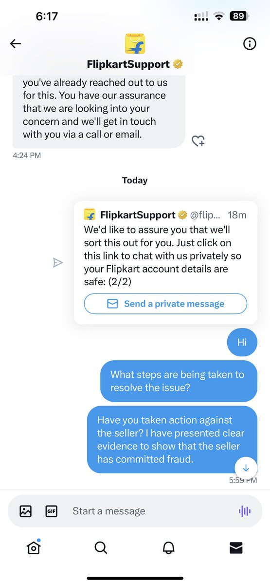 pratikshankar's tweet photo. Exact same reply by ⁦⁦@flipkartsupport⁩ even in a private chat. No support after a seller has defrauded me with the wrong product. So much care for the customers! Shame on you, ⁦@Flipkart⁩ ! ⁦@_sachinbansal⁩ ⁦@jagograhakjago⁩ ⁦@PiyushGoyal⁩ https://t.co/owz7K9XG76
