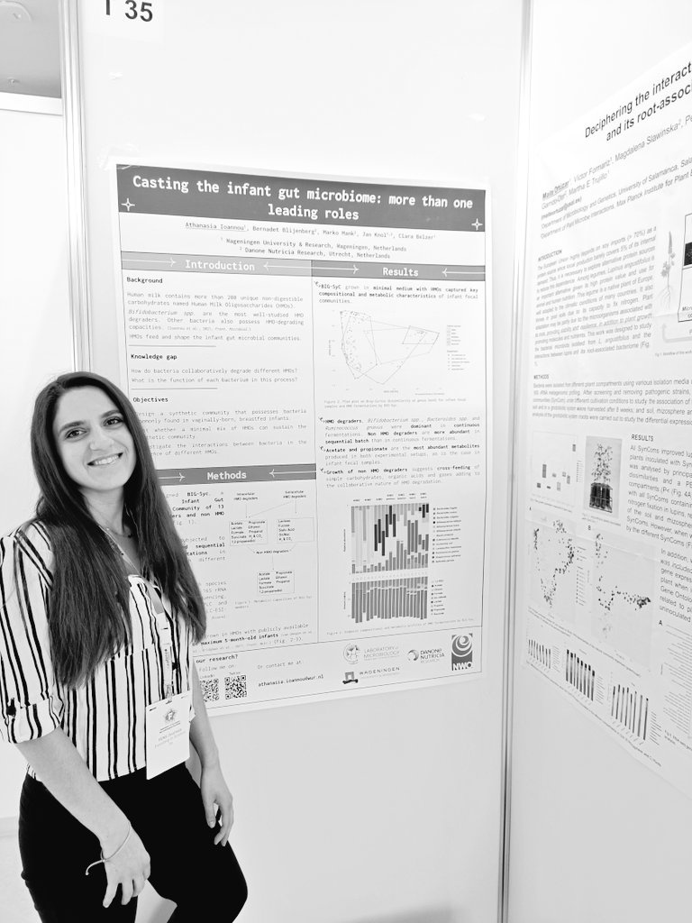 Today at 16:30 meet me at my poster W38 where I can tell you more about my work on infant gut bacterial communities and their role in human milk oligosaccharide degradation. #FEMS2023 
Shout out to my supervisors @clarabelzer <a href="/DANjanNL/">Jan Knol</a> and the co-authors B. Blijenberg and M. Mank