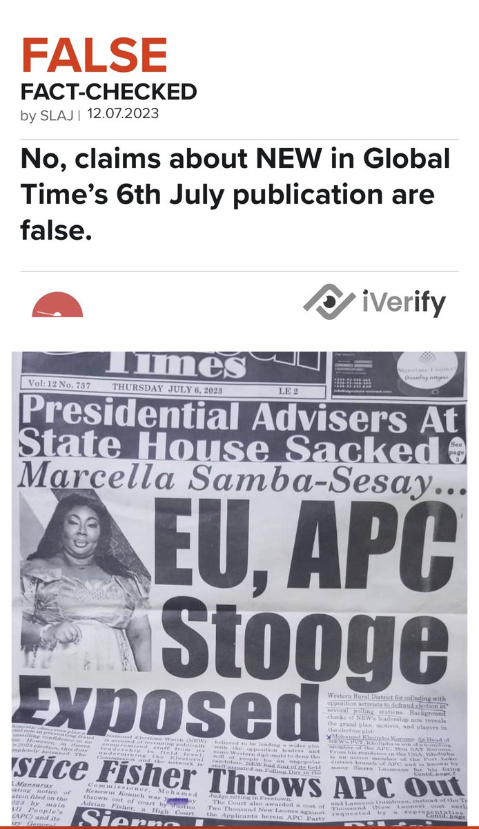 No, claims about NEW in Global Time’s 6th July publication are false. sl.i-verify.org/no-claims-abou… @UNDPSierraLeone @IRNSalone @bbcmaSL @EUinSierraLeone @IrlEmbFreetown @CanadainSL @IcelandDevCoo