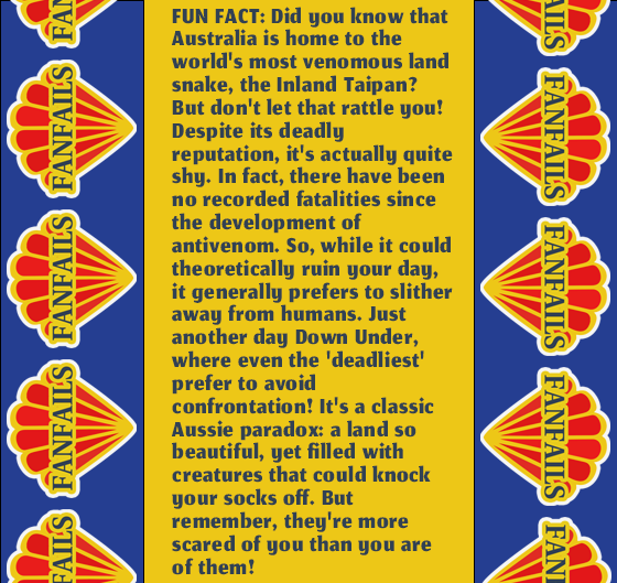 FanfailsStore's tweet photo. Hey mates! 🕷️ Ever wondered about the paradoxical charm of our beloved Down Under? We've got sun-kissed 🪼 beaches, stunning landscapes, and we're winning at the world's most deadly things 🐍

#fantales #FunFact #deadlyanimalsofaustralia https://t.co/TfY6MU1TAS