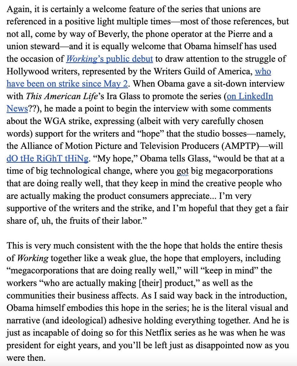 maximillian_alv's tweet image. Apropos of these craven Hollywood studio execs revealing that they are bargaining in bad faith &amp;amp; they want to starve workers out &amp;amp; destroy the union, here's one more chunk excerpt from the draft of my Obama/"Working" piece...