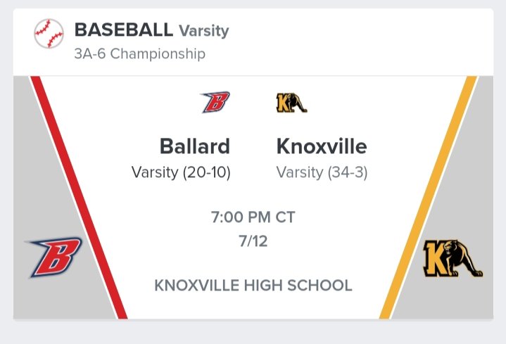 Bound Iowa (@bound_ia_) on Twitter photo π3A-6 Championshipπ
βΎ Ballard Bombers π Knoxville Panthers
π
Wednesday, July 12, 2023 - 7:00 PM CT
π Knoxville High School
πΊ lucky.lvstreamhd.com/baseball
<a href="/BBomberBaseball/">Ballard Baseball</a> <a href="/BallardBooster/">Ballard Athletic Booster Club</a> <a href="/BHSbombers/">BallardBombers</a> π3A-6 Championshipπ
βΎ Ballard Bombers π Knoxville Panthers
π
Wednesday, July 12, 2023 - 7:00 PM CT
π Knoxville High School
πΊ lucky.lvstreamhd.com/baseball
<a href="/BBomberBaseball/">Ballard Baseball</a> <a href="/BallardBooster/">Ballard Athletic Booster Club</a> <a href="/BHSbombers/">BallardBombers</a>