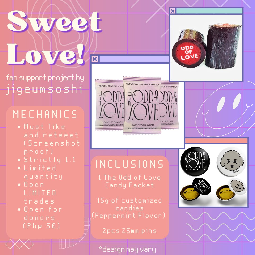 jigeumsoshi's tweet photo. 🍬 SWEET LOVE 🍬 fan support project by @jigeumsoshi 

Mechanics:
🍭 Must LIKE and RETWEET (will go priv to avoid crowding, Screenshot will be accepted)
🍭 STRICTLY 1:1 ONLY
🍭 Limited Quantity
🍭 Open for LIMITED trades

#TheODDOfLOVE_in_MANILA #TheOddofLOVEinMANILA https://t.co/ZIkcJyQwcj