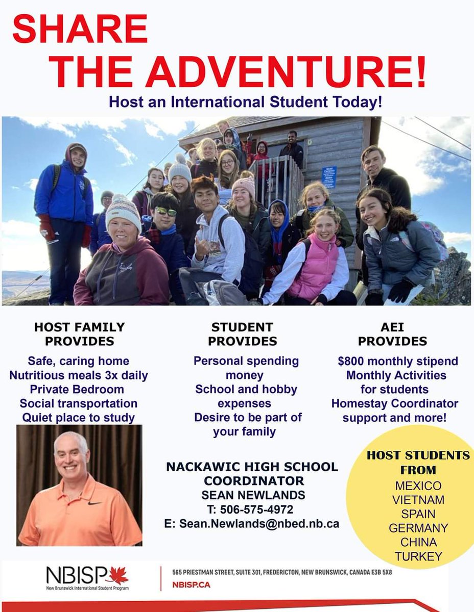 There are so many reasons to host an international student- adventures, international friendships, sharing our beautiful province with a young person from another culture &amp; learning about their customs and culture… the list goes on! Let me know if you'd like to host!