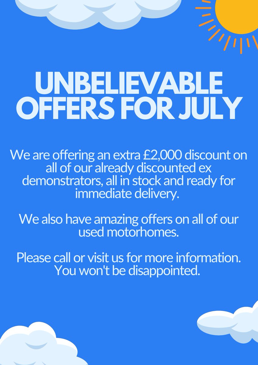 WCMHinfo's tweet photo. https://t.co/DMR8vVaAqV
#July #SpecialOffer #New #Used #Motorhomes https://t.co/xYzVVYeAtE
