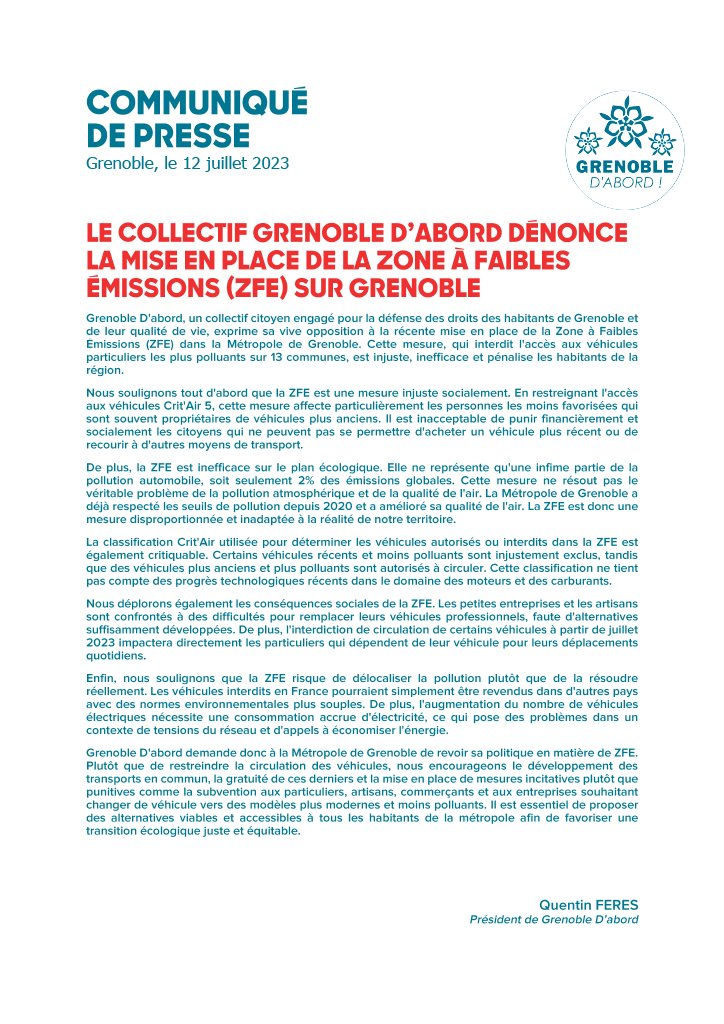 grenobledabord's tweet photo. 📢 [Communiqué de presse] Une opposition grandissante se forme contre les Zones de Forte Exclusion (ZFE). Des arguments solides remettent en question leur pertinence et conséquences. 

Découvrez les objections soulevées et les alternatives proposées. #ZFE https://t.co/YlVajrVFUt