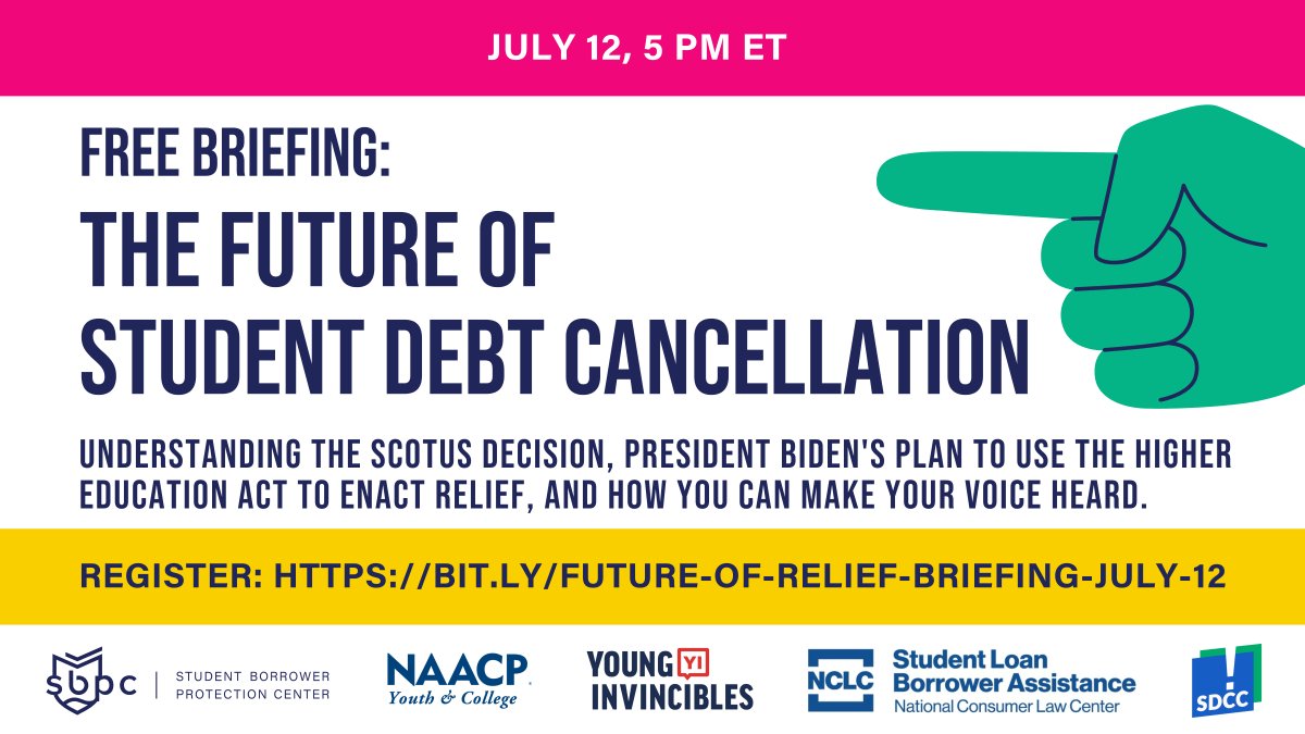 BorrowerJustice's tweet photo. REMINDER, TONIGHT AT 5PM: Free briefing about the recent Supreme Court decision on student debt, what it means for borrowers, and how you can get involved.

Register: https://t.co/DhPxXhjPHl https://t.co/iIjbFRJheE