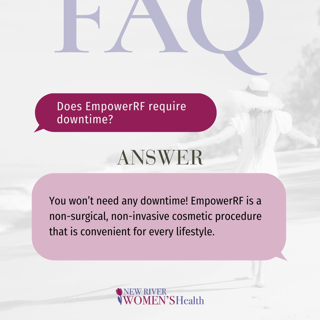 NRWomensHealth's tweet image. Want to know about #EmpowerRF by #InMode? 🤩 Visit our website for more frequently asked questions!

Don't forget to take advantage of 20% off treatments for a limited time only!

#WomensHealth #BlacksburgVA #Gynecologist