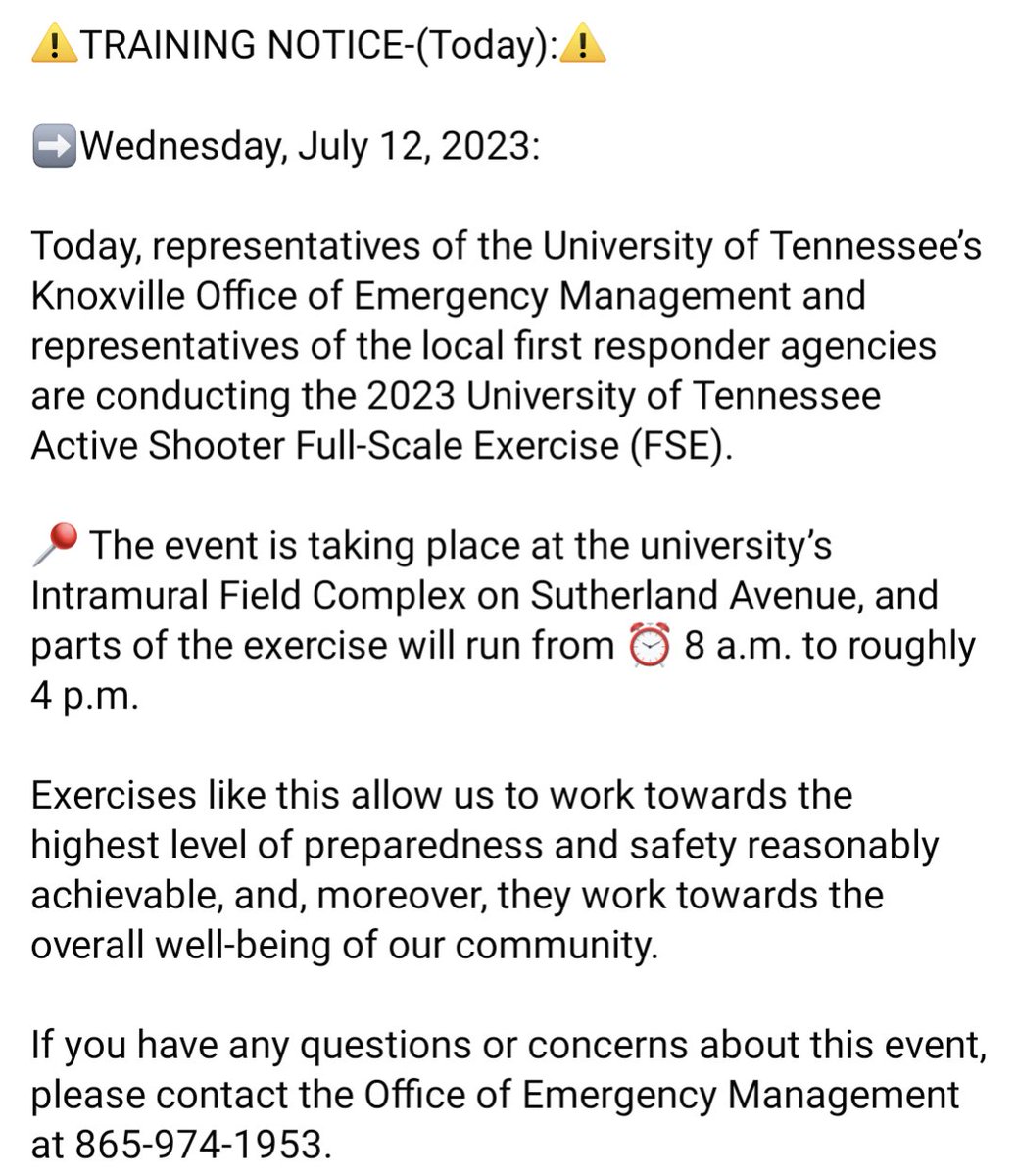 ⚠️TRAINING NOTICE-(Today):⚠️ ➡️Wednesday, July 12, 2023: Active Shooter Full-Scale Exercise (FSE). 📍 The event is taking place at the university’s Intramural Field Complex on Sutherland Avenue, and parts of the exercise will run from ⏰ 8 a.m. to roughly 4 p.m.Details below: